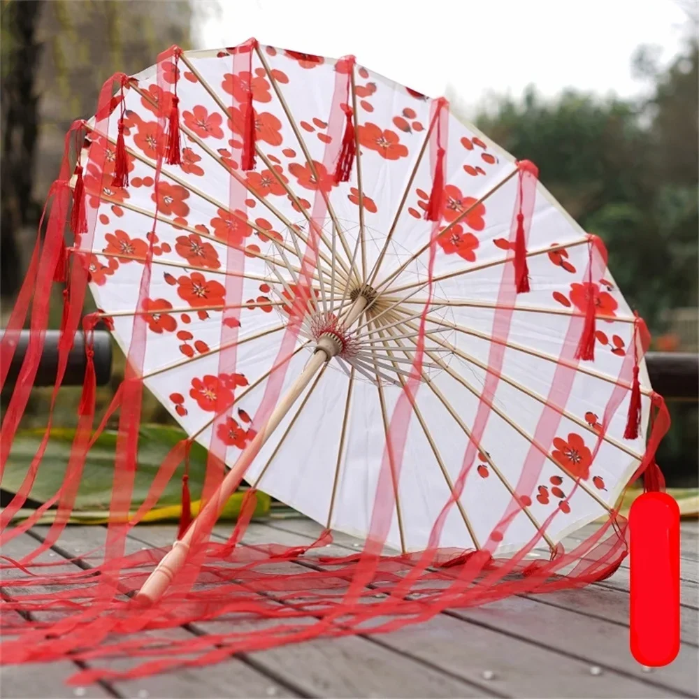 Hanfu Tassel Parasol for Women Silk Cloth Japanese Cherry Blossoms Ancient Dance Decorative Chinese Style Oil Paper Umbrellas