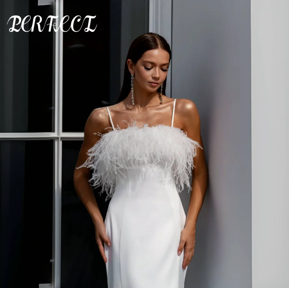 

PERFECT Elegant Boat Neck wedding dress Mermaid Spaghetti Straps Sleeveless bodice with feathers back Bohemian Vestidos De Novia