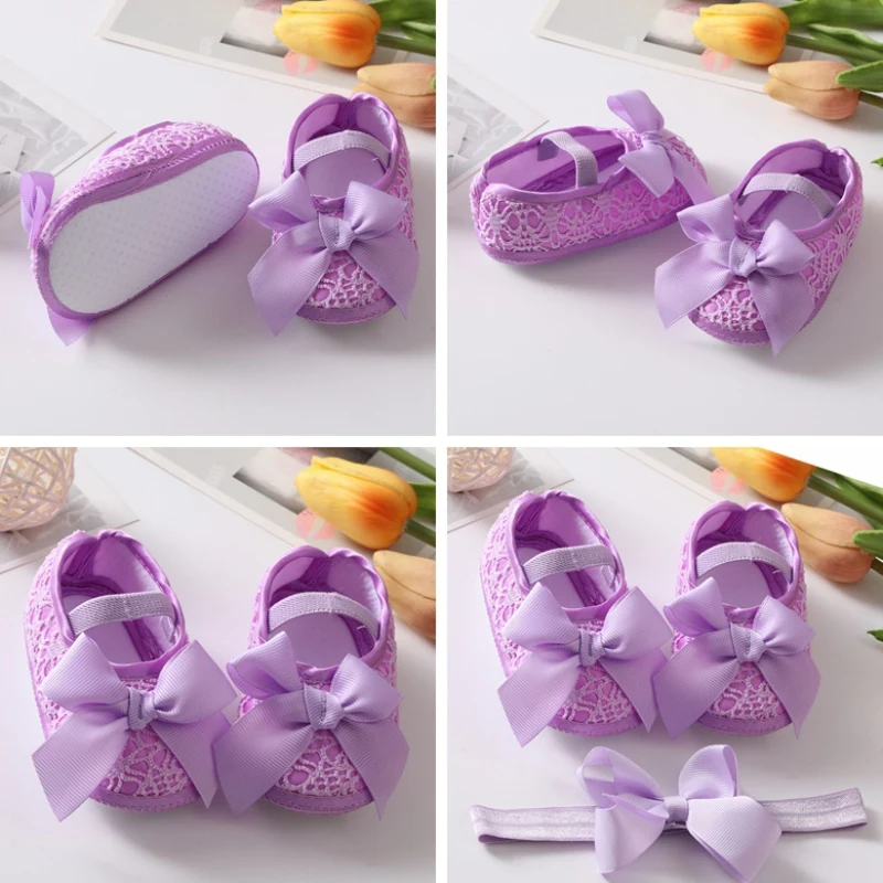 Girls Shoes +Hairband Newborn Toddlers First Walkers Baby Bowknot Princess Shoes Soft Sole Non-slip Footwear Infant Crib Shoes 5