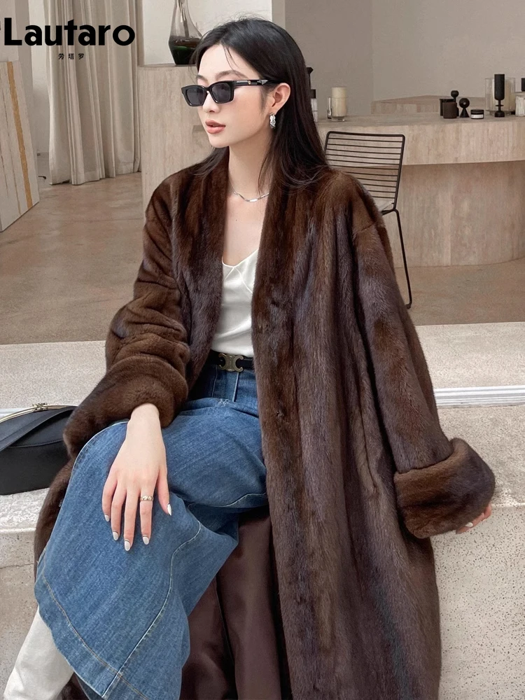Lautaro Winter Long Vintage Elegant Luxury Chic Thick Warm Soft Brown Fluffy Faux Mink Fur Coat Women V Neck Furry Overcoat 2023 5