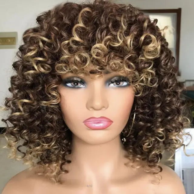 Curly Afro Blonde Wig With Bangs Shoulder Length Wigs Afro Kinkys Wigs Synthetic Curly Full Wig For Black Women 3