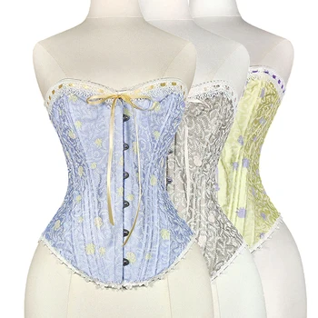 Women Corset Bustier Overbust Puish Up Breast Lace Up Vintage Printed Bodice Wasit Trainer Stage Costume Wedding Party Crop Tops