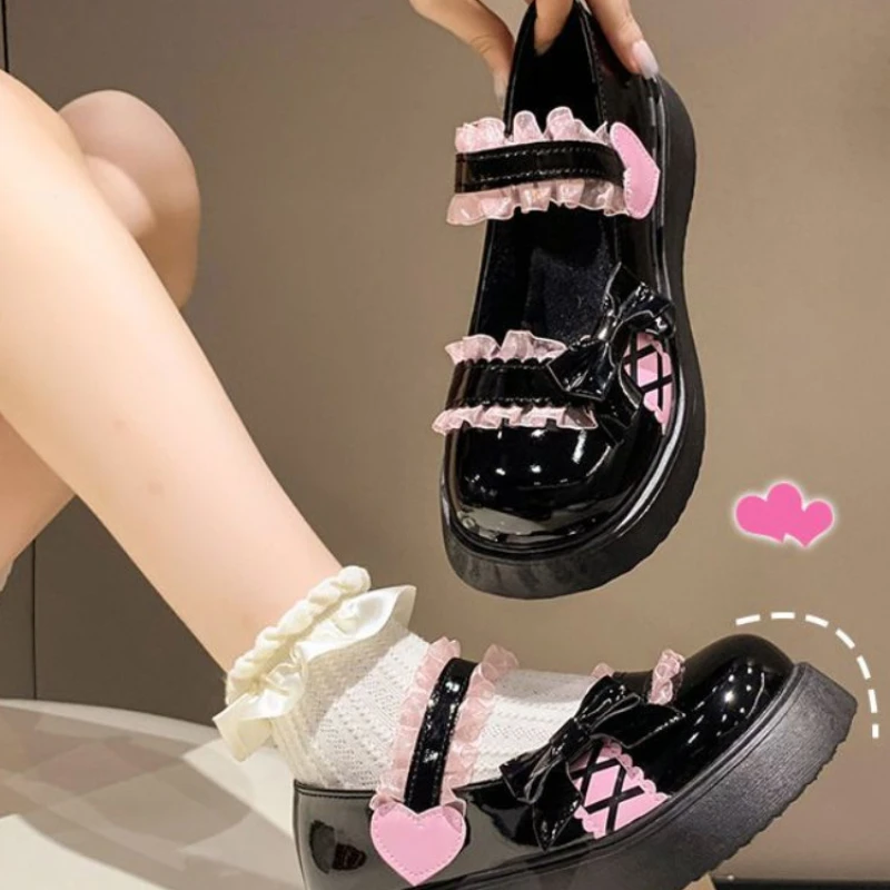 

Туфли Lolita Kawaii женские на платформе в японском стиле милые туфли мэри джейн с бантом женские кружевные Дизайнерские повседневные сандалии осень 2022 Новинка