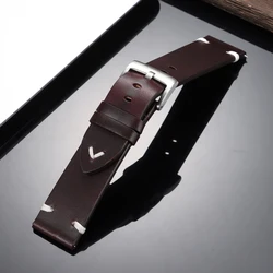 Vintage Oil Wax Leather Watch Band - Quick Release Strap, Brown & Black Cowhide Universal Bracelet - 22mm (Dark Red)