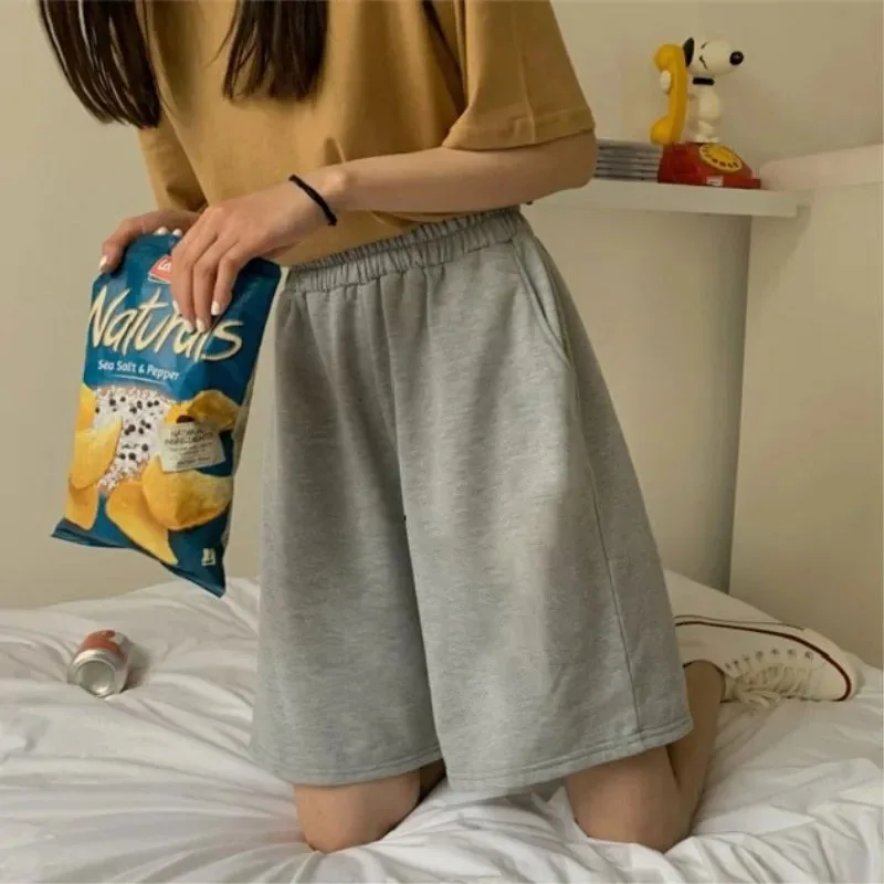 여성 반바지 여름 Drawstring 넓은 다리 땀 짧은 높은 탄성 레이스 업 바지 피트니스 러닝 반바지 루즈 캐주얼 대형 스..