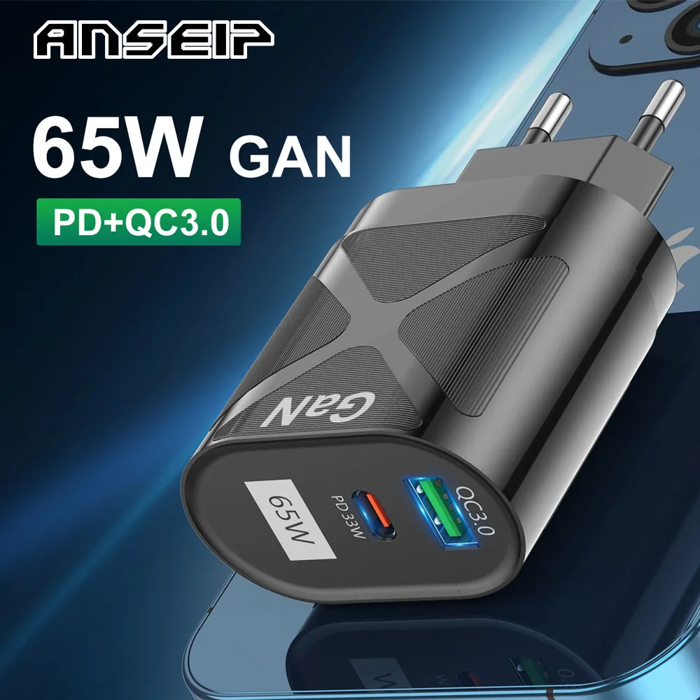 ANSEIP PD 65 Вт USB зарядное устройство адаптер QC 3 0 для iPhone 12 13 Pro Macbook ноутбук Usb Type c