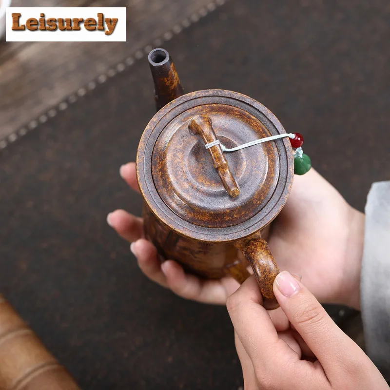 330ml Yixing Purple Clay Teapots Handmade High Bamboo Joint Pot Raw Ore The Keel Gold Sand Mud Kettle With Strainer Zisha Teaset