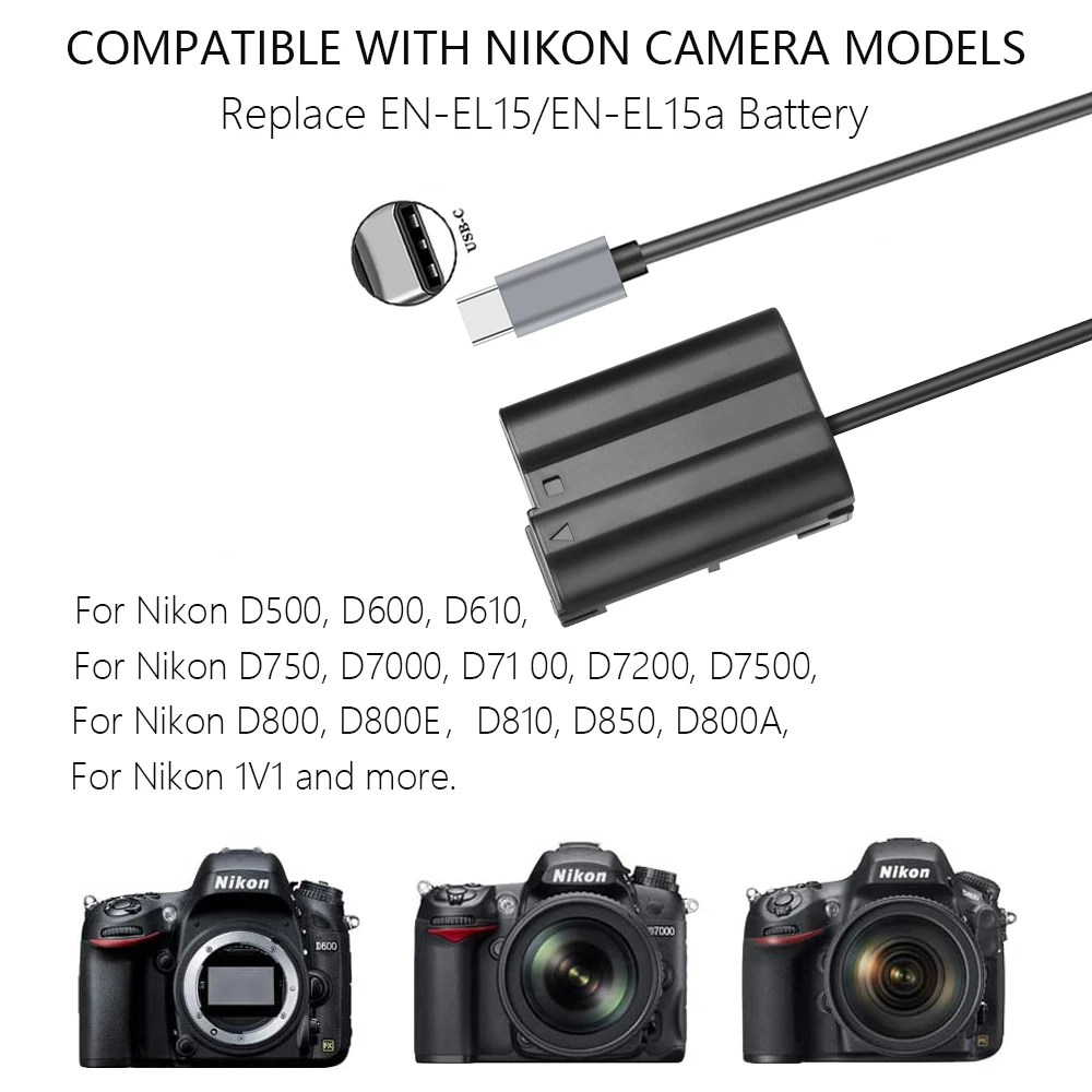 USB-C À EN-EL15 Batterie Factice DC Adaptateur Secteur Pour Nikon D7000 D7100 D7200 D750 D800E D810A Z5 Z6 Z7 II Caméra