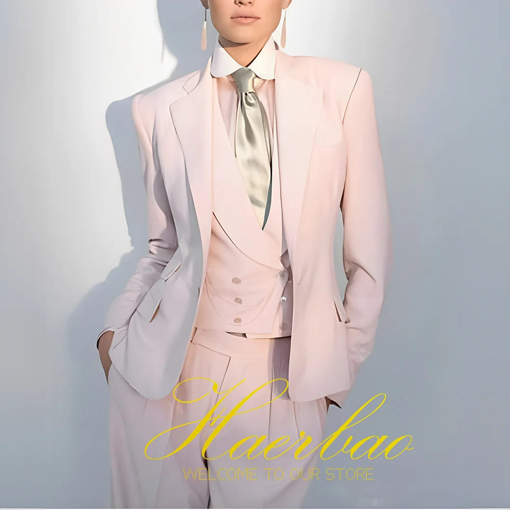 

Pale Pink Women's Blazer 3-Piece Set Jacket Pants Vest Double breasted Fashion Wedding Dress Lady Fashion Outfit