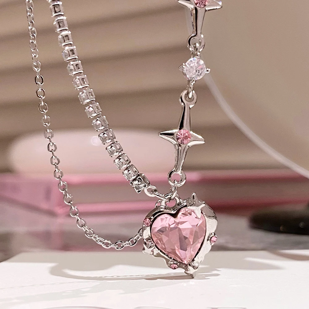 Sweet Pink Black Heart Shape Pendant Necklace for Women Cool