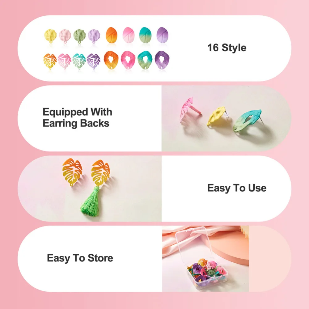 32Pcs Gradient Color Stud Earrings Leaf Teardrop Iron Ear Studs Earring Base Connectors with Ear Nut DIY Drop Earrings Jewellery