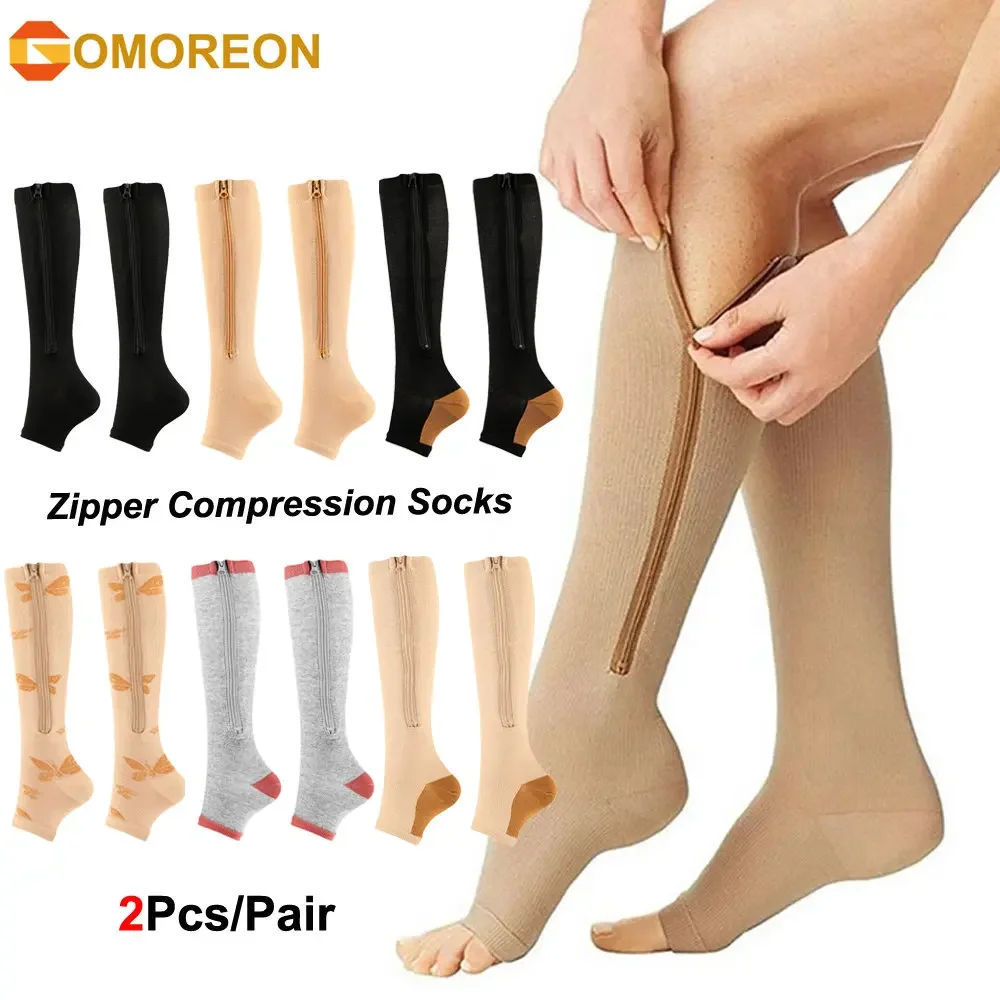 Chaussettes de Compression à fermeture éclair pour femmes et hommes, 1 paire, bas robuste à fermeture éclair pour améliorer la Circulation sanguine, soulage la douleur et l'enflure