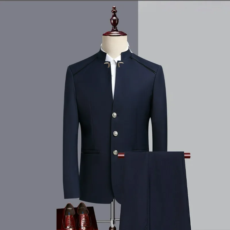 KIDWHXR Herren 2-teiliges Anzug-Set Stehkragen Einreihiger Blazer Gerade Hose Retro Einfarbiges Hochzeits-Bühnenoutfit – Detail 8
