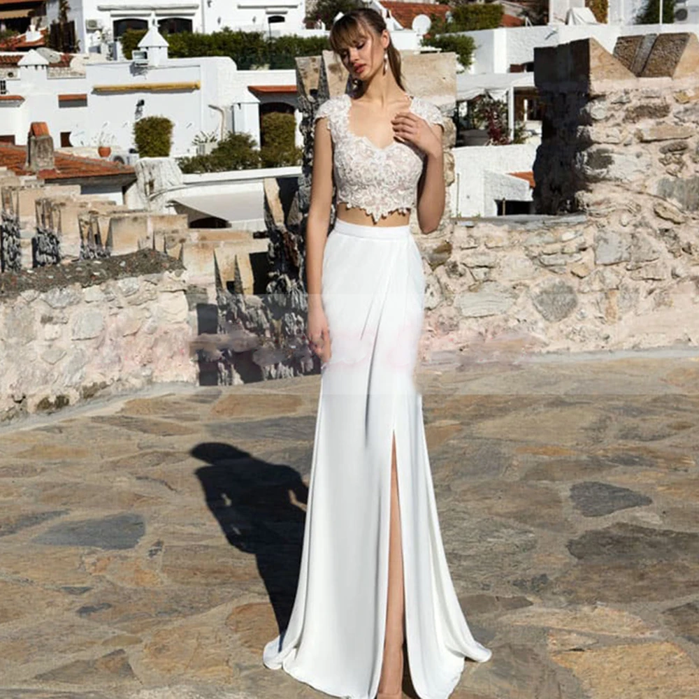 

Two Pieces Wedding Dresses For Women Chic Side Slit Strapless Sleeveless Floor-Length Bridal Gown Sheath Button Applique Country