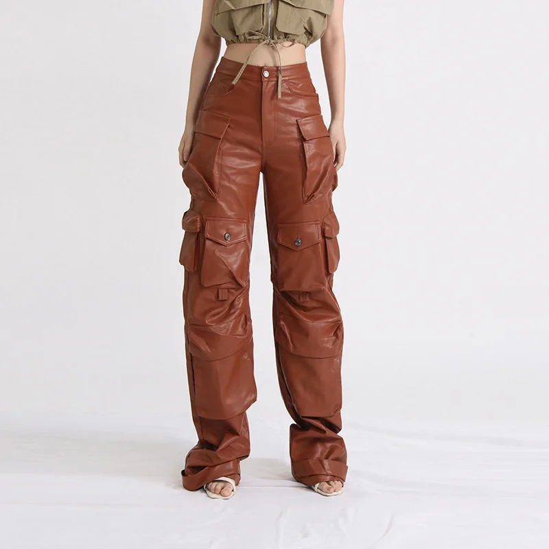 

Australian Style High Waist Casual Leather 2024 Spring New Fashion Design Sense Spliced Pocket Loose Workwear Pants For Women