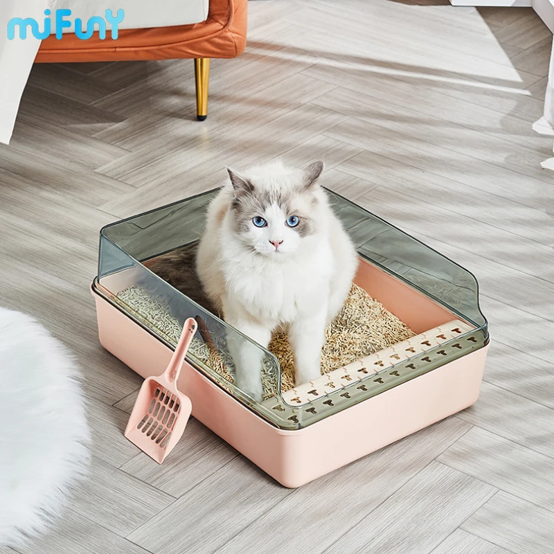 

MiFuny Semi Enclosed Cat Litter Box Transparent Raise The Fence Cat Toilet Prevent External Splashing Cat Box Pet Supplies