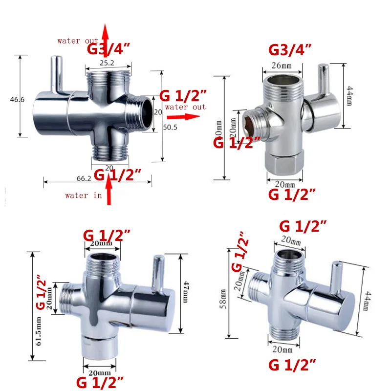 

Male G1/2" G 3/4" female Water Diverter 3way Faucet T Adapter Chrome Plated Bathroom toilet Shower filling valves Accessories