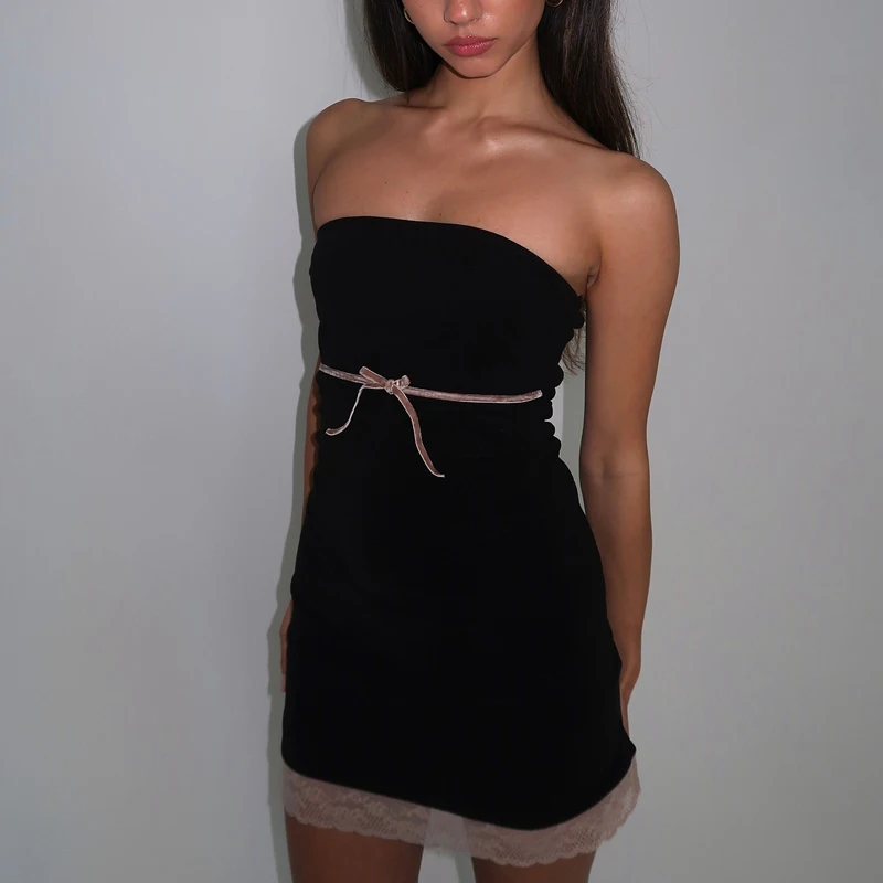 

Y2k Sexy Women Wrap Chest Bodycon Dress Lace Trim Strapless Bowknot Front Cocktail Dress Summer Party Club Skinny Mini Dress