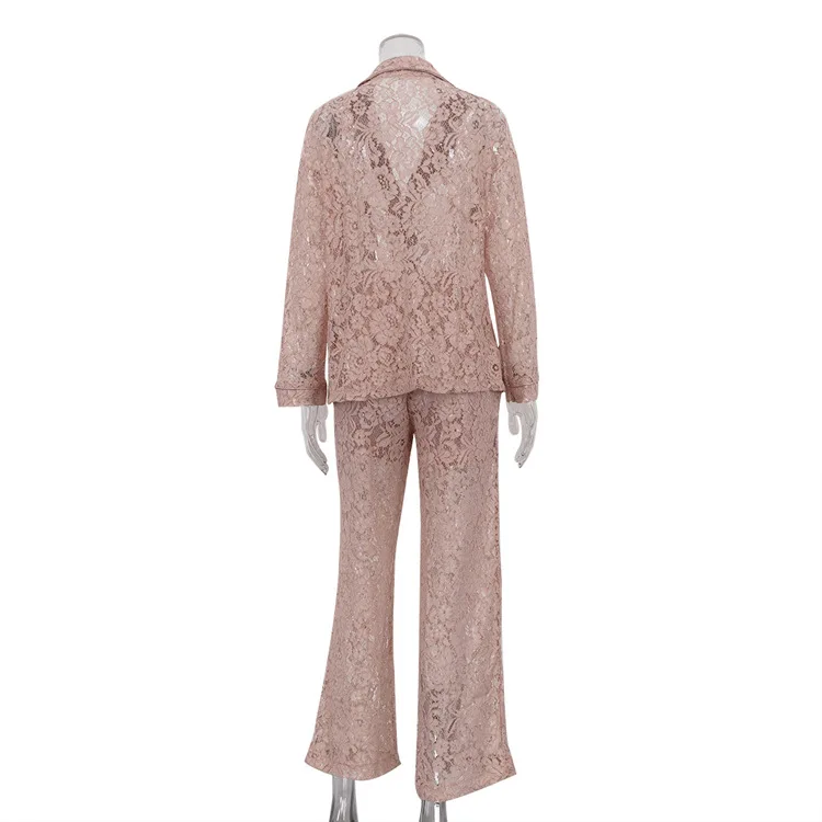 Lace Hollow Out Printed 2 Piece-Set Trousers Female See-Through Sexy See-Through Shirts And Fashion Women's Pants Outfits