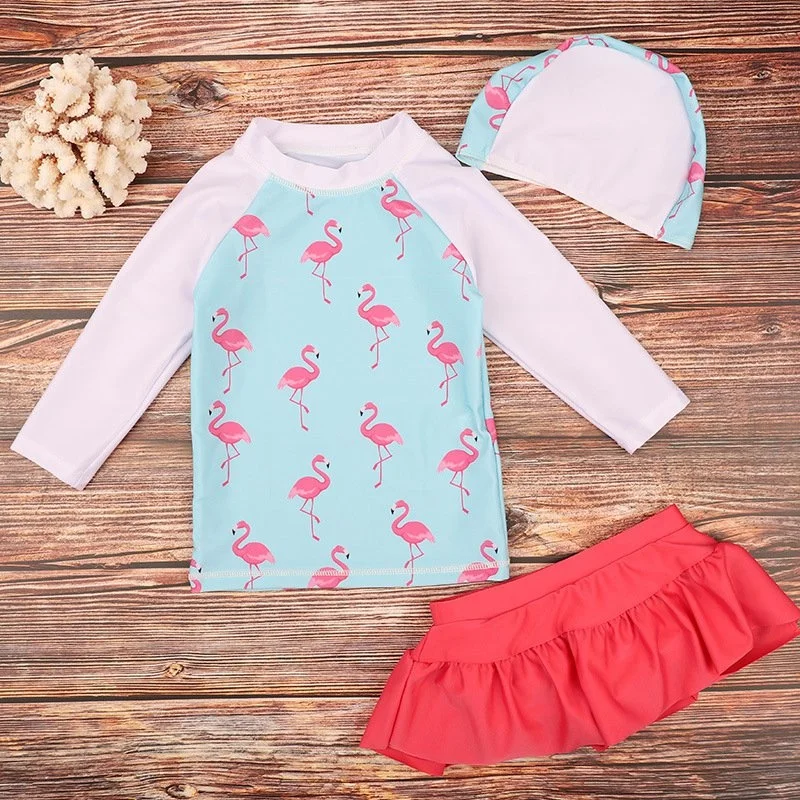 Children Kids Swimwear Girls Fashion Swimming Bathing Swimsuit Set Skirts+Cap+Tops Long Sleeve Bathwear Set Surfing Clothes Girl
