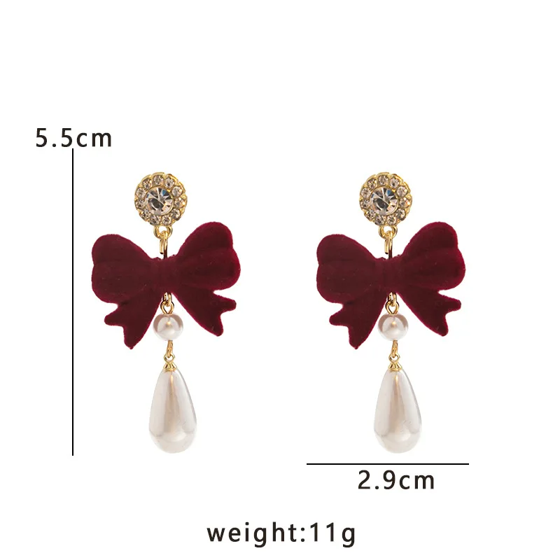 New Red Bow Knot Plush Pendant Drop Earring for Women Christmas Pearl Rhinestone Flocking Earrings Girls Xmas Jewelry Gifts