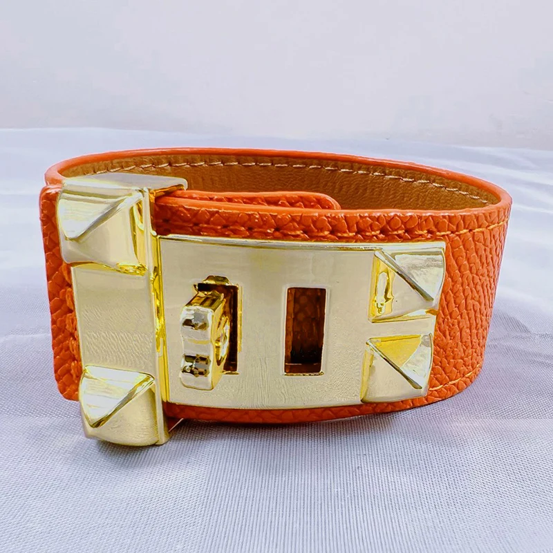 10 Colors Single Layer Leather Circle Gold Plated Rivet Stainless Steel Bracelet For Women Brand Element Jewelry