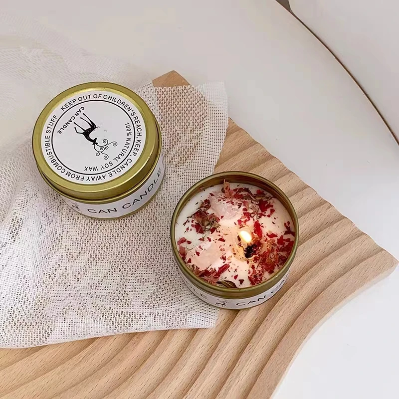 Luxury Scented Candle with Crystal Stones & Dried Flowers in Elegant Silver Tin