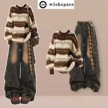 Retro Set Women's Autumn/winter Korean Version Age Reducing Striped Knitted Top+slimming Casual Jeans Two-piece Set 1