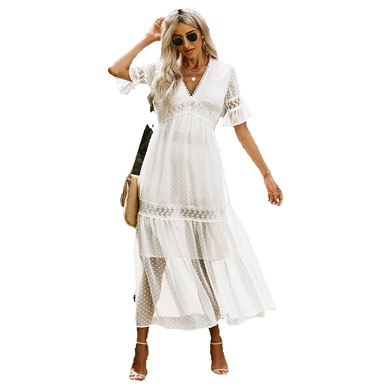 

2023 Summer New Short Sleeve Dress Women's Solid Lace V-Neck Long 611811