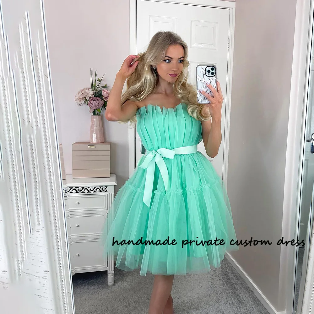 

Mint Green Tulle Mini Cocktail Party Dresses Bow Belt Strapless Fairy Short Prom Dress A Line Homecoming Graduation Gowns