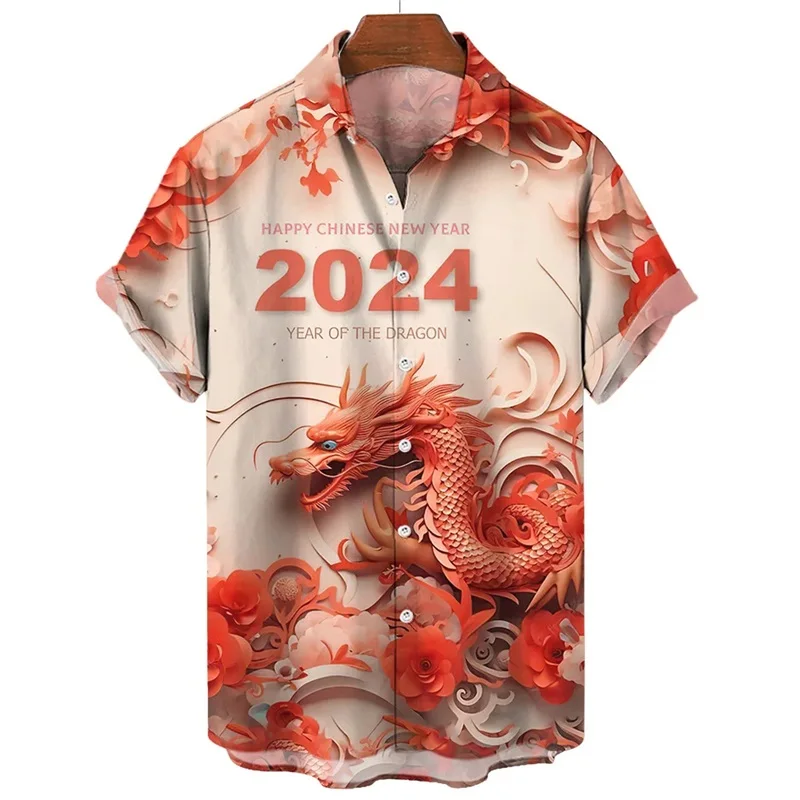 thumbnail image 1 of Camisa de Año Nuevo 2024 para hombre, camisas de manga corta con cuello de solapa a la moda, blusas y camisas con estampado 3D de dragón geniales, 1 of 5