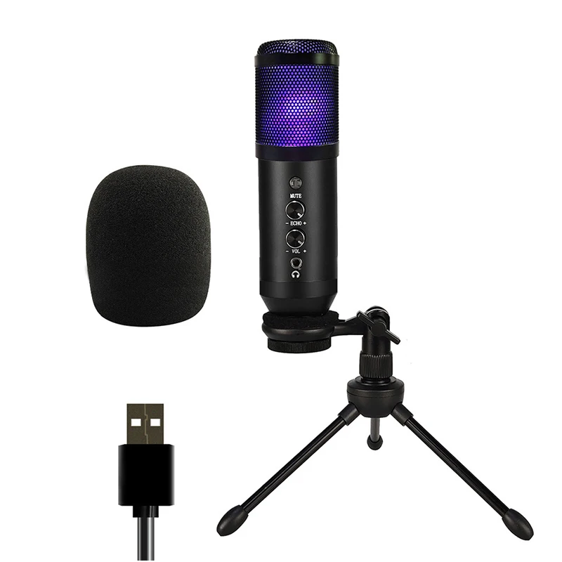 Kinglucky USB Condenser Microphone RGB Color Atmosphere Light Emitting Microphone Laptop Live Recording 