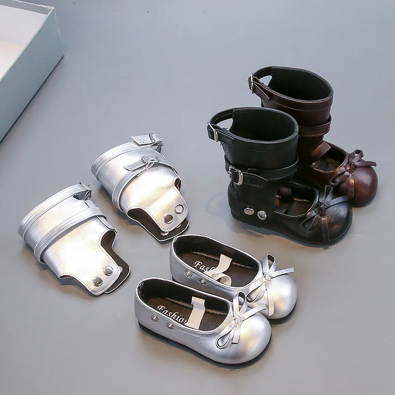 Girls Leather Autumn Boots Flat Shoes with Bowknot