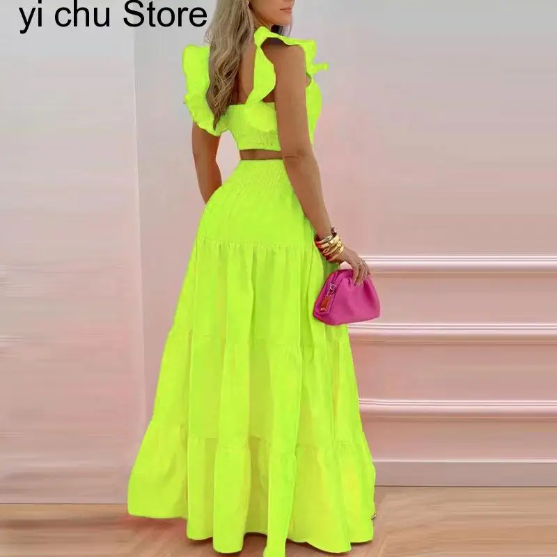 

New Spring Summer Solid Swing Skirt Outfit Sexy Slash Neck Crop Top+Pleated Long Skirts Set Elegant Butterfly Sleeve 2pcs Suit