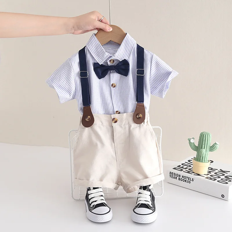 

Boy Bow Gentleman Clothes Striated Shirt + Shorts with Suspenders Kids Children Holiday Outfits Short Sleeve Sets