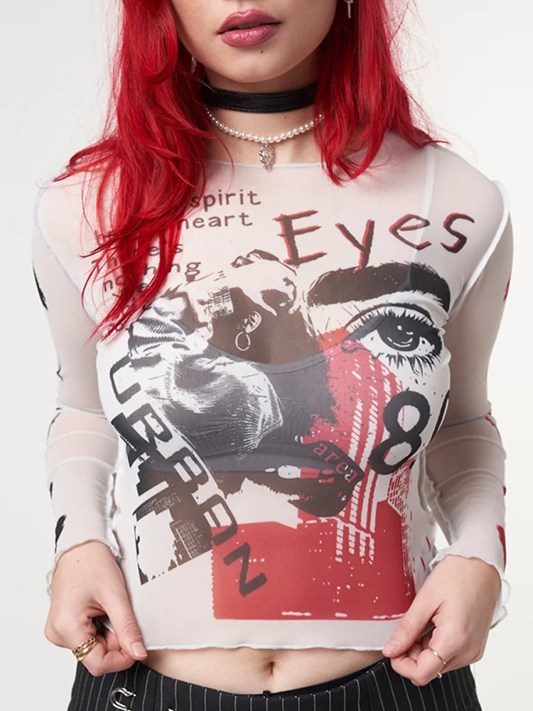 Women's Gothic Graphic Print Crop Top with Sheer Long Sleeves and Y2K Accessories