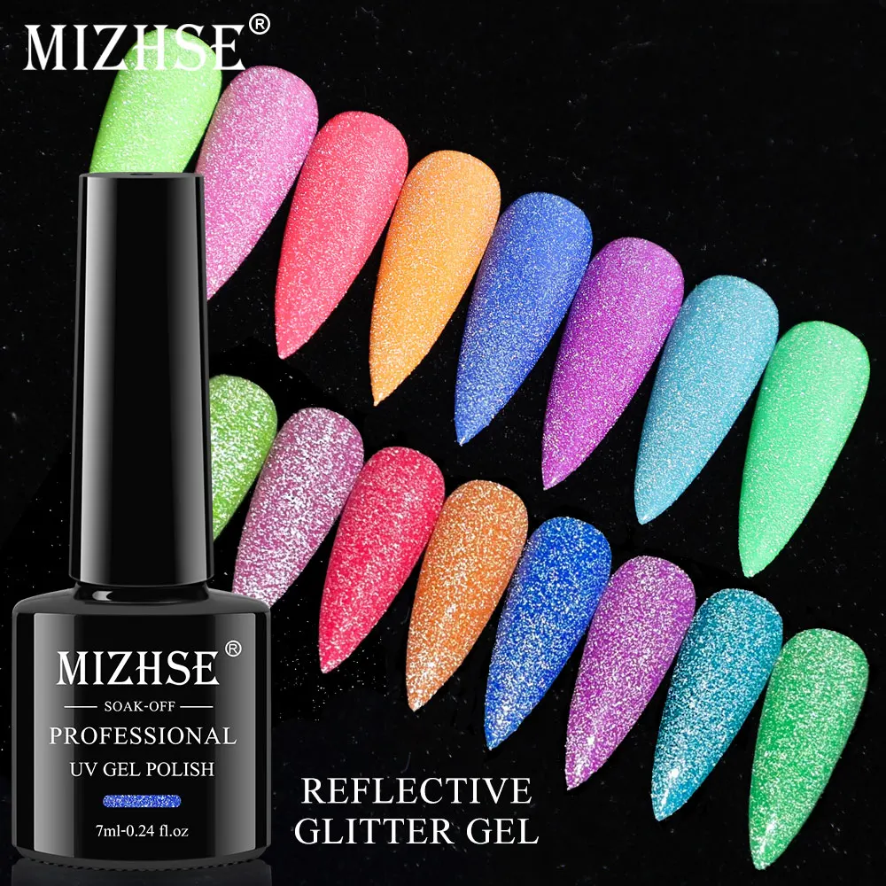 MIZHSE 7ML Neon Gel Nail Polish Reflective Fluorescent Glitter Laser Gel 8 Colors Sequins Soak Off UV Nails Varnish Manicure Art born pretty 6ml 7ml cat magnetic gel nail polish soak off uv led gel holographic gel shining glitter nail art varnish manicure