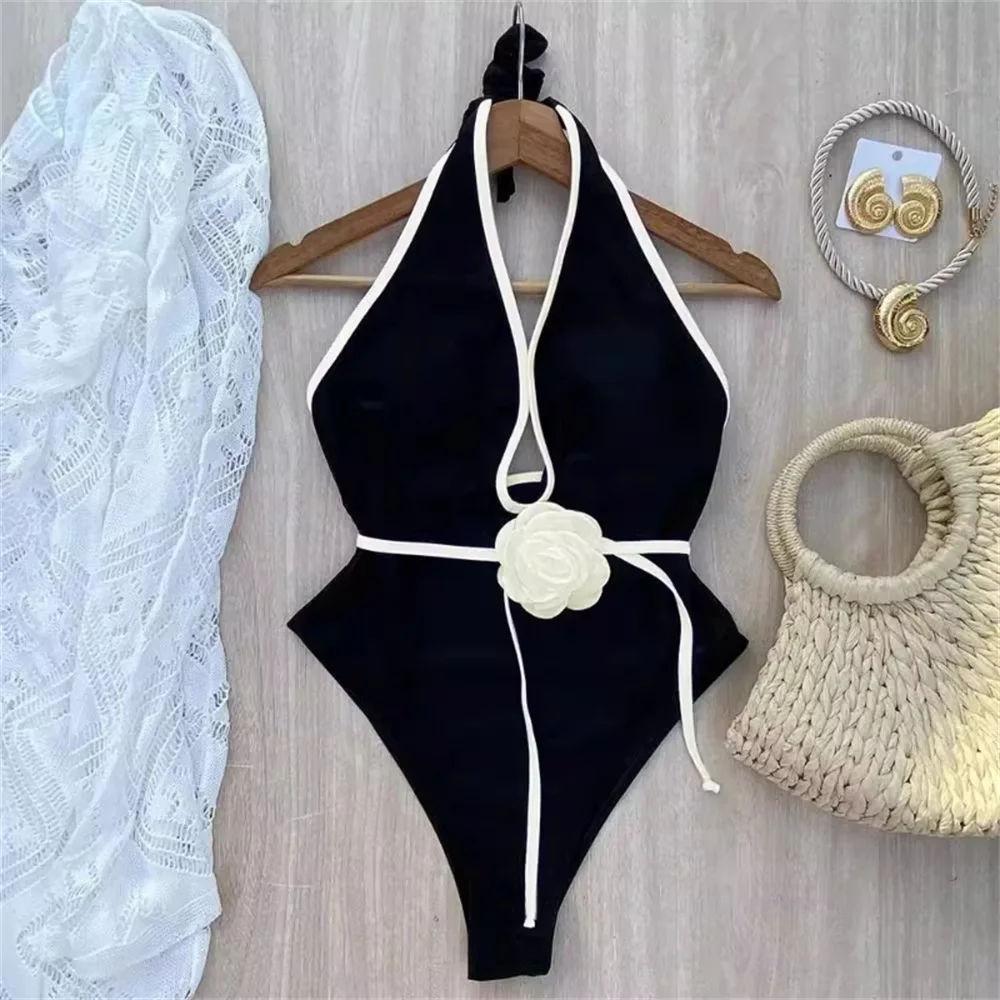 SUNSIRENFloralOnePieceSwimsuitWomenVNeckHalterBandageSwimwear
