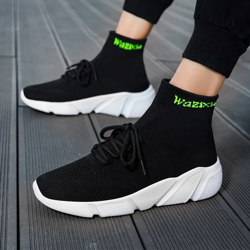 High Top Casual Shoes Women Men Sneakers Outdoor Breathable Socks Shoes Thick Bottom Cushioned Mesh Lace Up Plus Size 35-47
