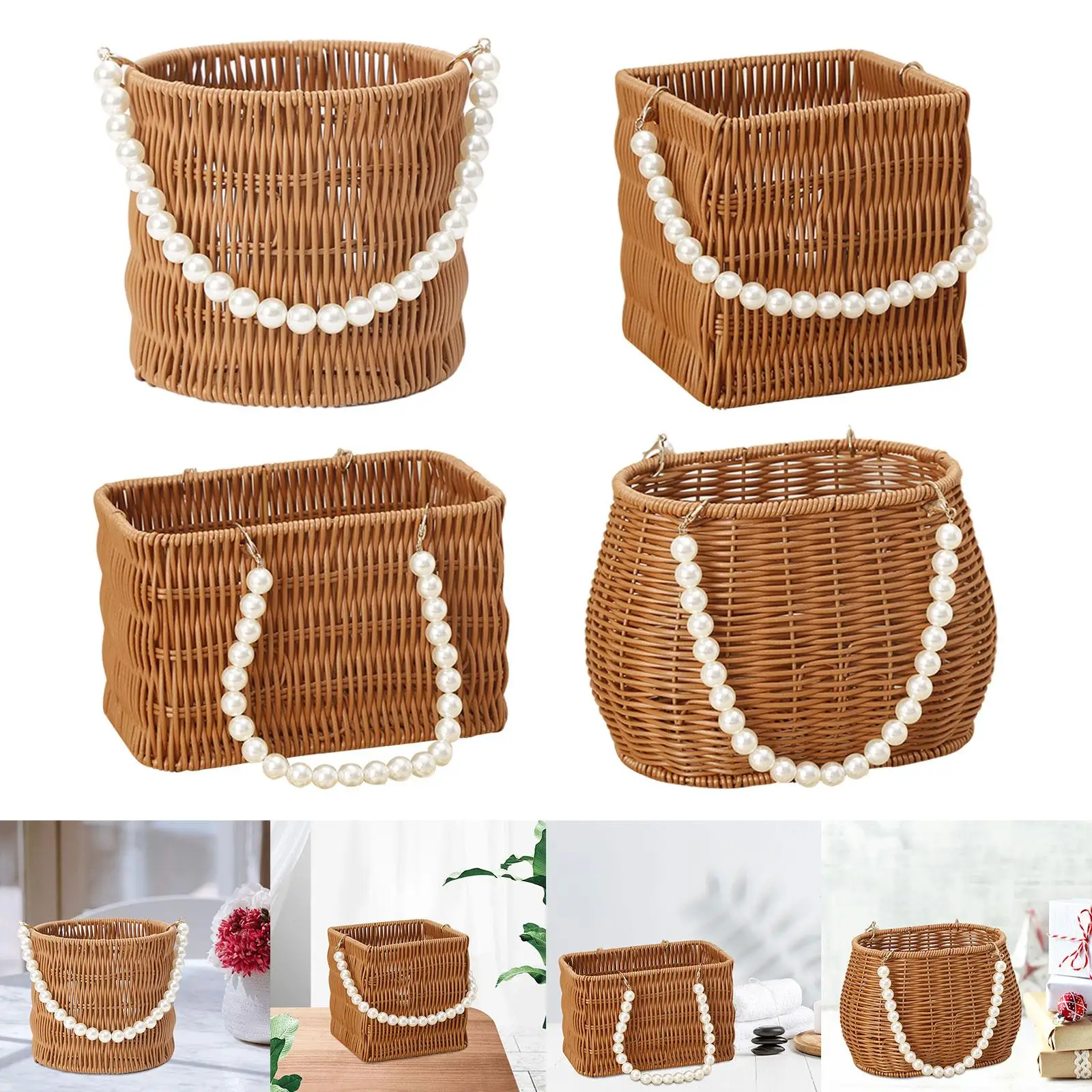 Imitation Rattan Basket Flower Basket Artificial Pearl Handle Stylish Appearance Versatile Picnic Basket for Lotions Toiletries 3