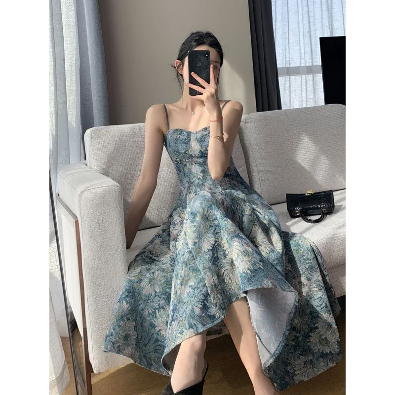 

Green Elegant Korean Style Slim Sundress Vintage Summer Y2K Dress 2023 Fashion Women Square Collar Draped A-line Slip Dresses