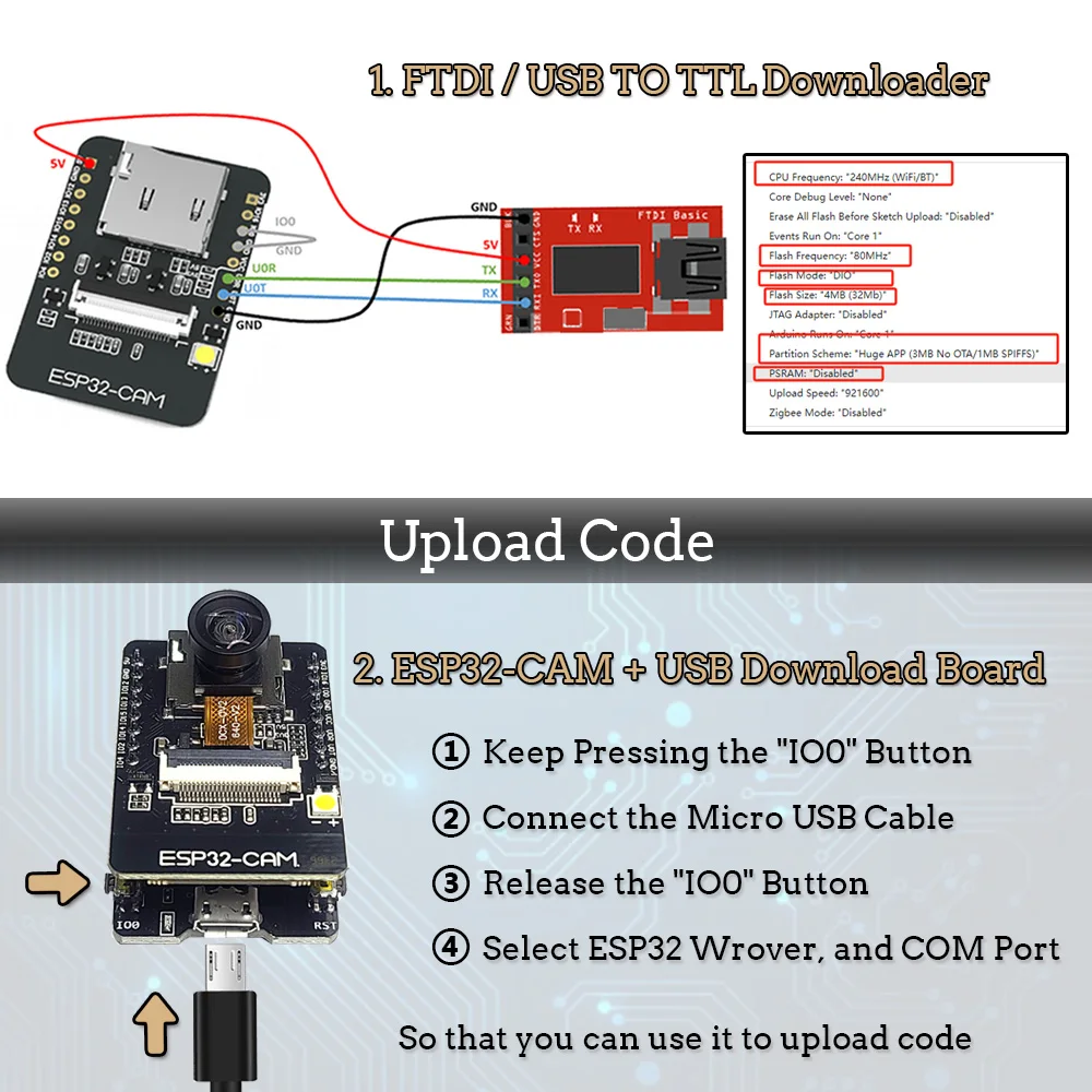 Module Caméra ESP32-CAM-MB WiFi Bluetooth pour Drone