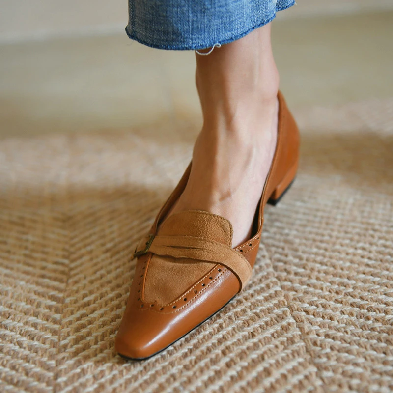 

YAOGUANG Plus Size Women's Retro Leather Shoes, Low Heel Square Toe Shallow Mouth Solid Color Single Shoes Women Plus Size 34-43