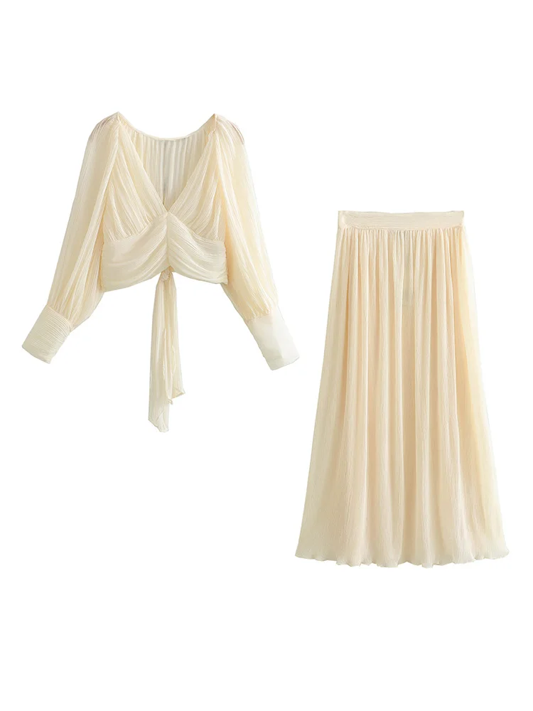 

Весенне-летние наряды для женщин, элегантные плиссированные шифоновые комплекты с V-образным вырезом и длинными рукавами, укороченный топ с завязками сзади и длинная юбка, комплект из двух предметов