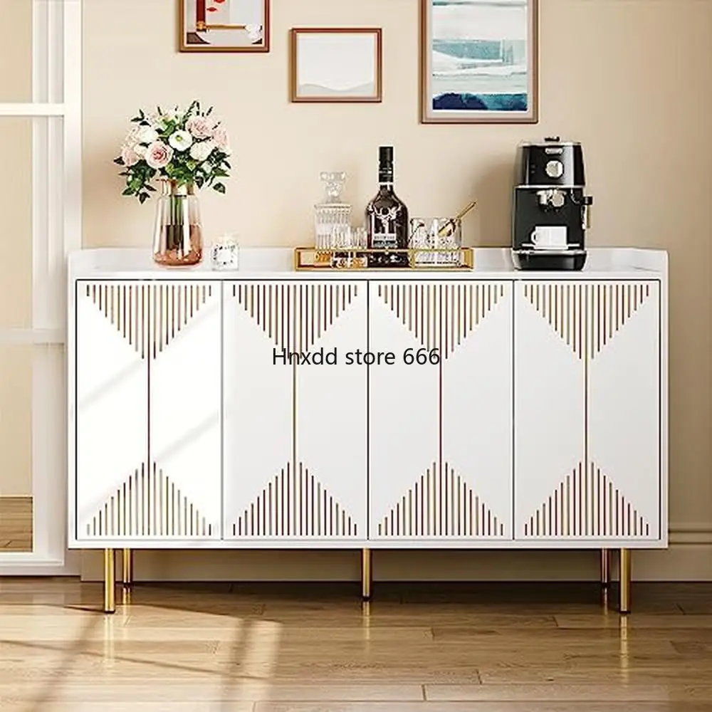 Sideboard et Cabinet Modern Design Carved Doors Storage Hallway TV Stand White 4-Door Large Shelves Accent Organizer