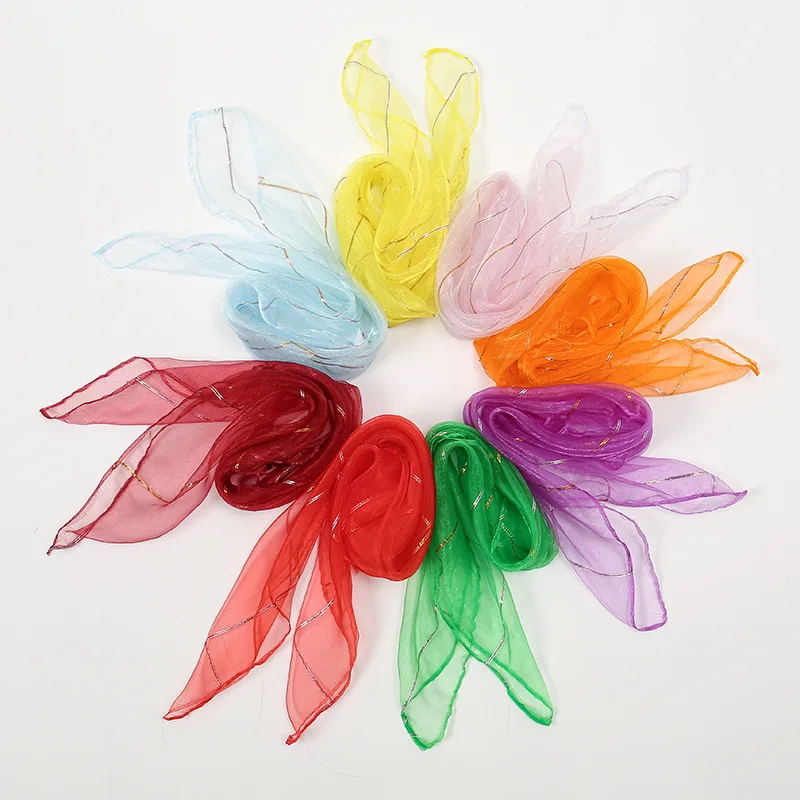New 60 * 60cm Stage Organza Small Square Scarf Solid Gold Silk Children's Candy Color Versatile Dance Performance Scarf