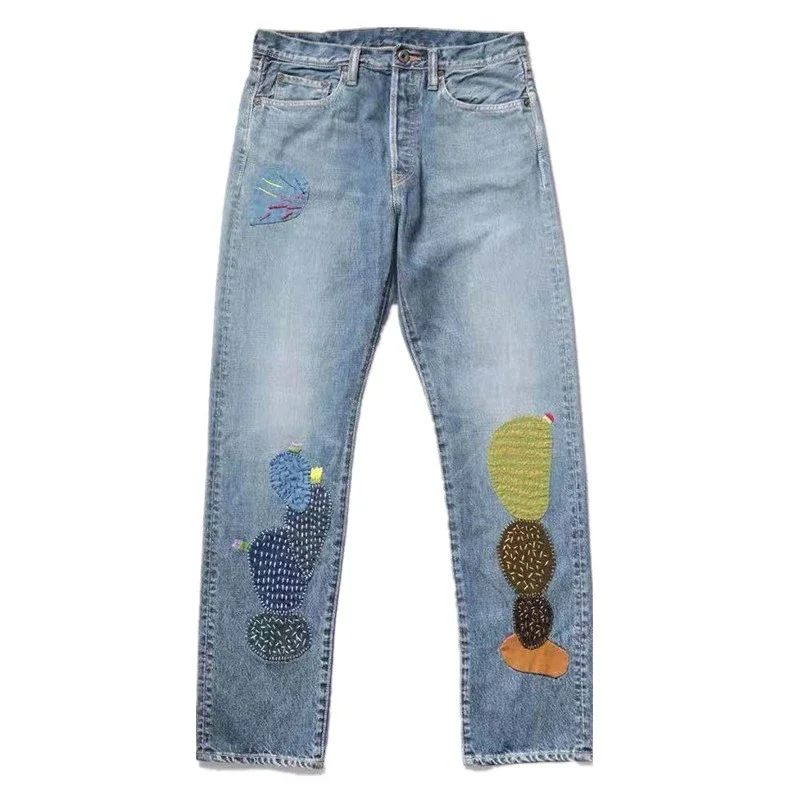 New Arrival Kapital Hirata and Hiroshi Retro Denim Boot Cut Pants Splice Fabric Wash Water Patch Embroidery Trendy Jeans for Men