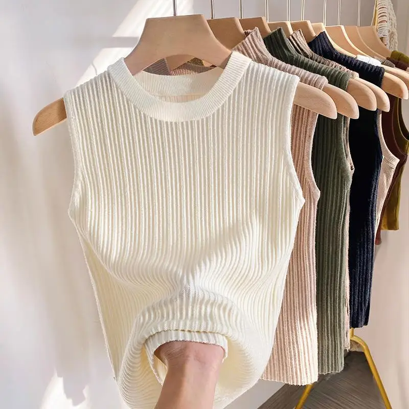 

2024 Women's Summer Fashion Slim Fit Camisole Tops Female Solid Color Knitted Vest Top Ladies New O-neck Sleeveless Tops H35