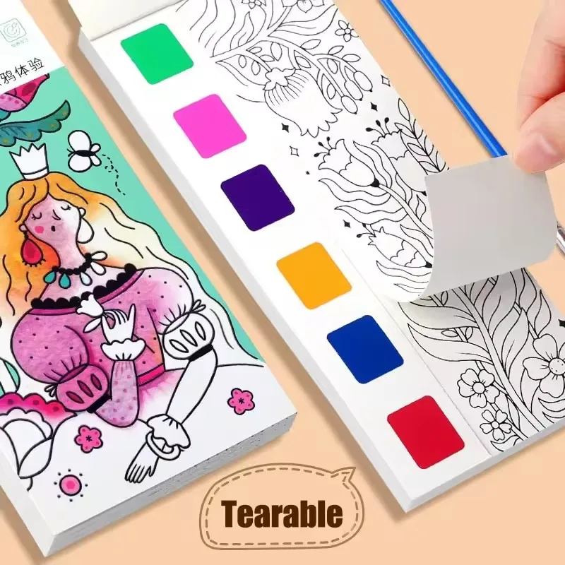 Magic Watercolor Coloring Book for Kids 12 Sheets Graffiti Painting Notebook with Paint Brush Water-Activated Gouache Drawing 4