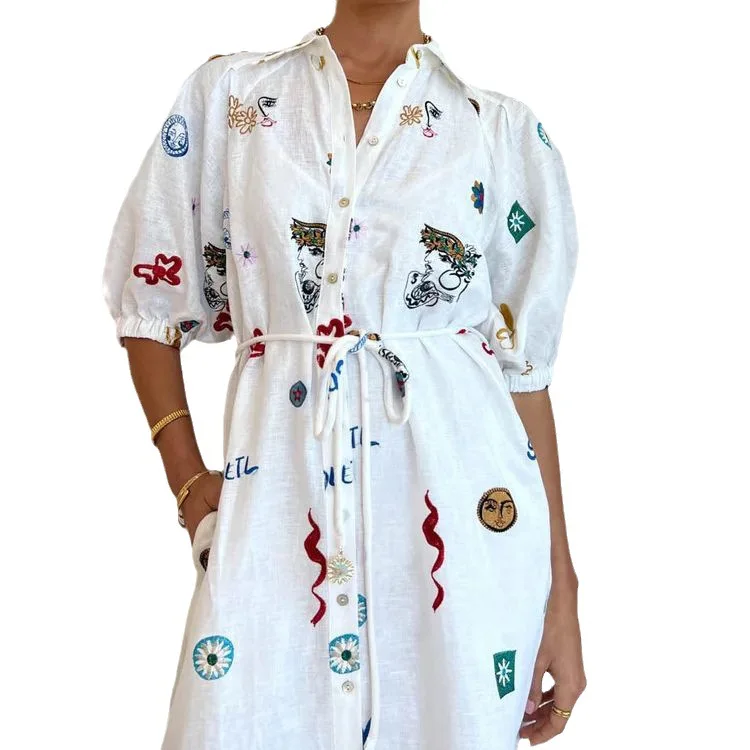 Elegant Casual Lapel Graffiti Print Shirt Dress Women Lace-up Single Breasted Commute Long Dress Fashion A-Line Cardigan Dresses